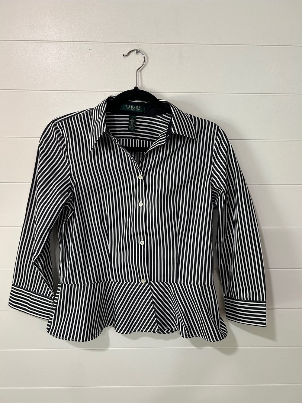 Lauren Ralph Lauren Black and White Striped Peplum Button-Down Blouse